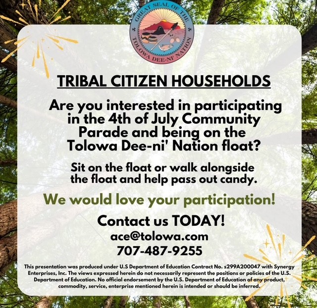 Flyer inviting Tolowa Dee-ni’ Nation tribal citizen households to join the 4th of July parade float by sitting or walking and passing out candy.