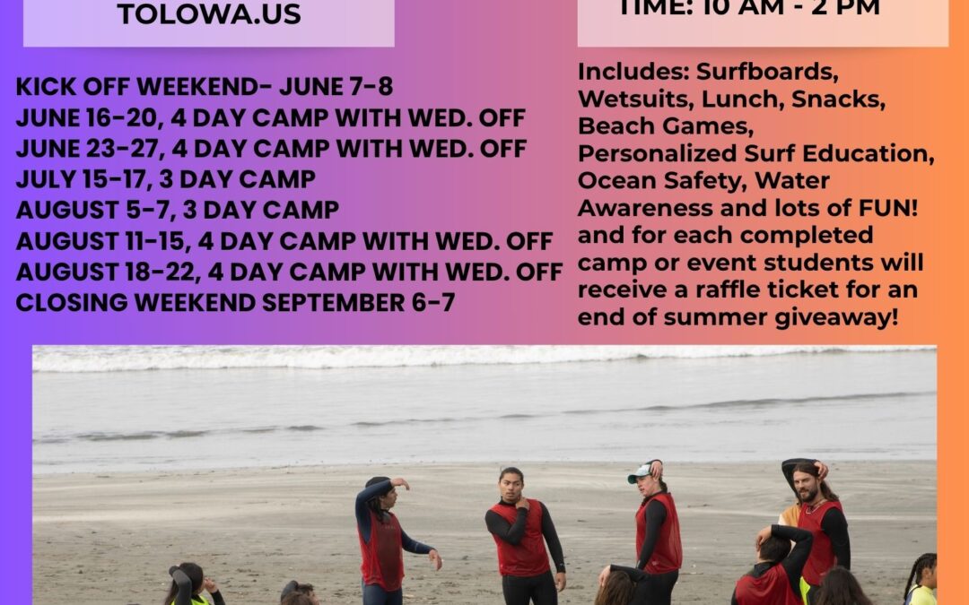 Youth surfers stretching on Crescent City’s South Beach beside blue surfboards; flyer promotes Tolowa Dee-ni’ Summer Surf Program for ages 8–18.