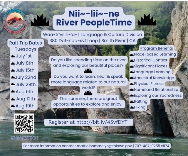 Flyer promoting Nii~-lii~-ne River PeopleTime summer rafting and cultural education program hosted by the Tolowa Dee-ni’ Nation in Smith River, CA.